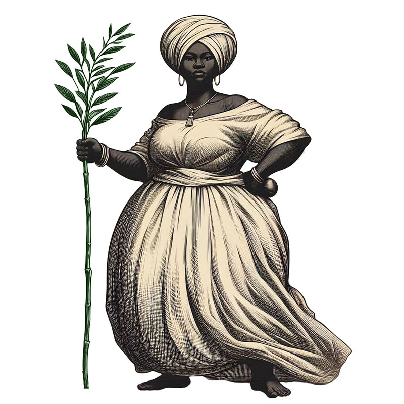 Maria Felipa, mulher negra com turbante brnaco na cabeça, vestida com um vestido branco até os tornozelos. Em sua mão direita segura uma folha de cansanção.